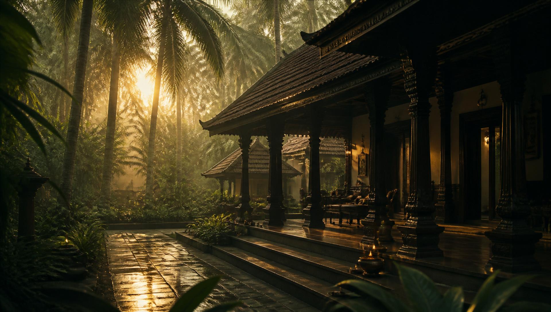 A brass lamp at dusk in a Kerala heritage hospital — the quiet centre of a healing day