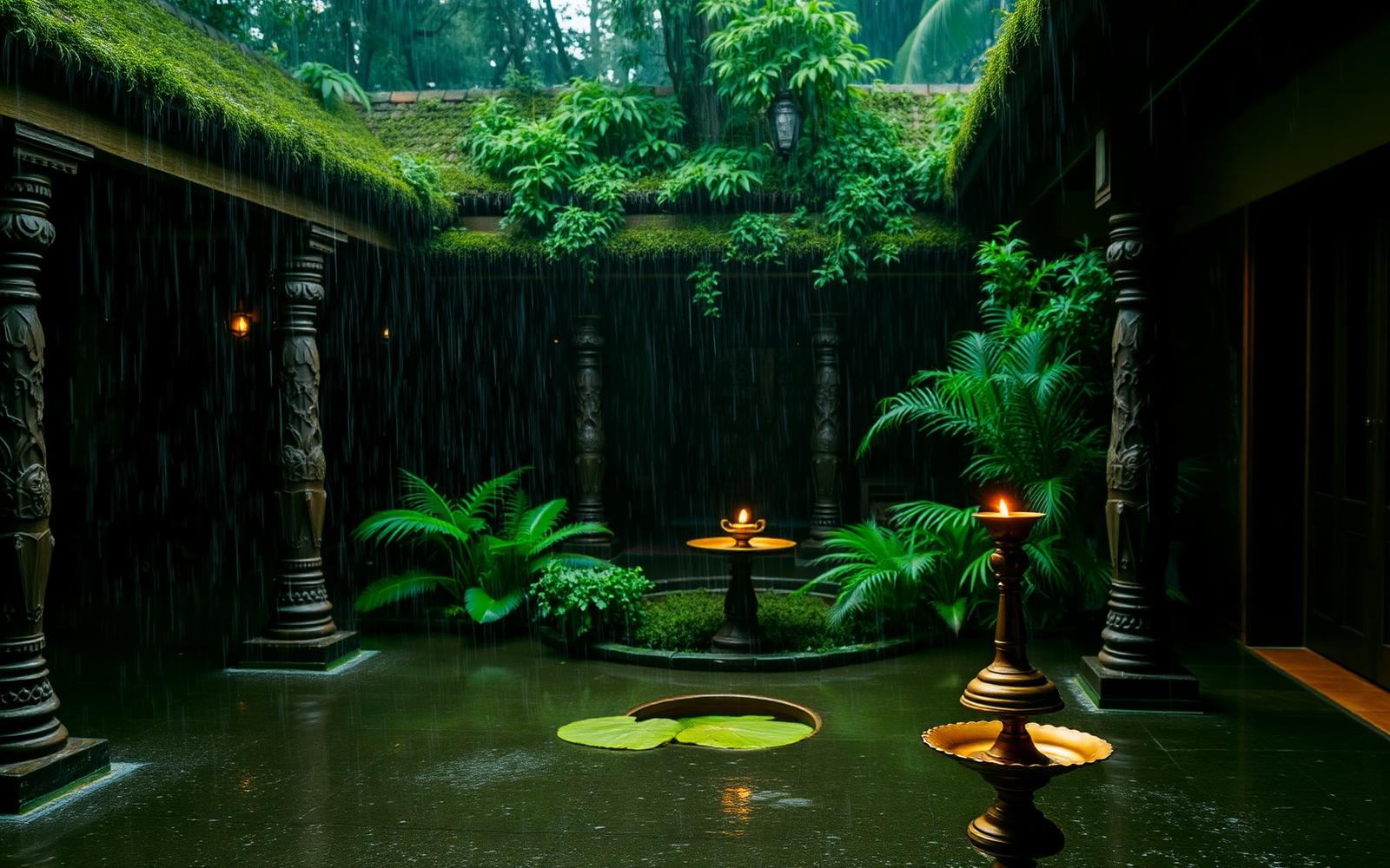 Karkidakam in Kerala — monsoon rain falling into the mossy inner courtyard of a two-hundred-year-old heritage manor with lamps lit inside