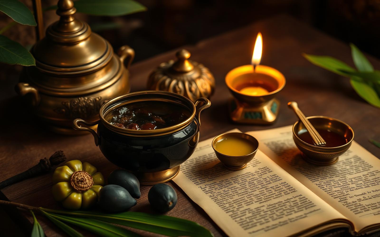 Rasayana Chikitsa in Kerala — traditional Ayurvedic rejuvenation preparations in brass vessels beside amla, ghee and a palm-leaf manuscript by lamplight