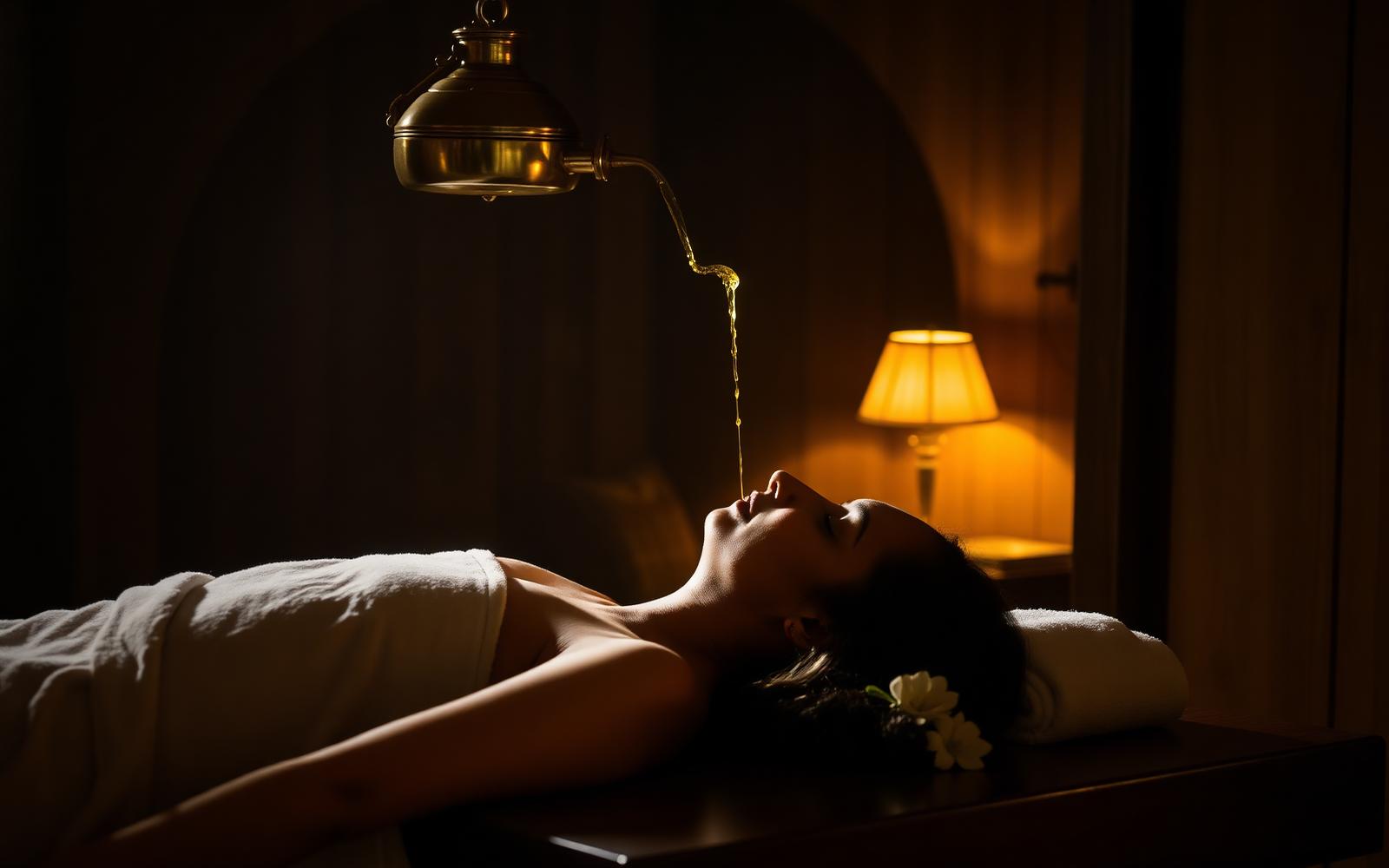 Shirodhara therapy in Kerala — warm medicated oil poured in a steady stream from a brass vessel onto the forehead in a traditional heritage treatment room