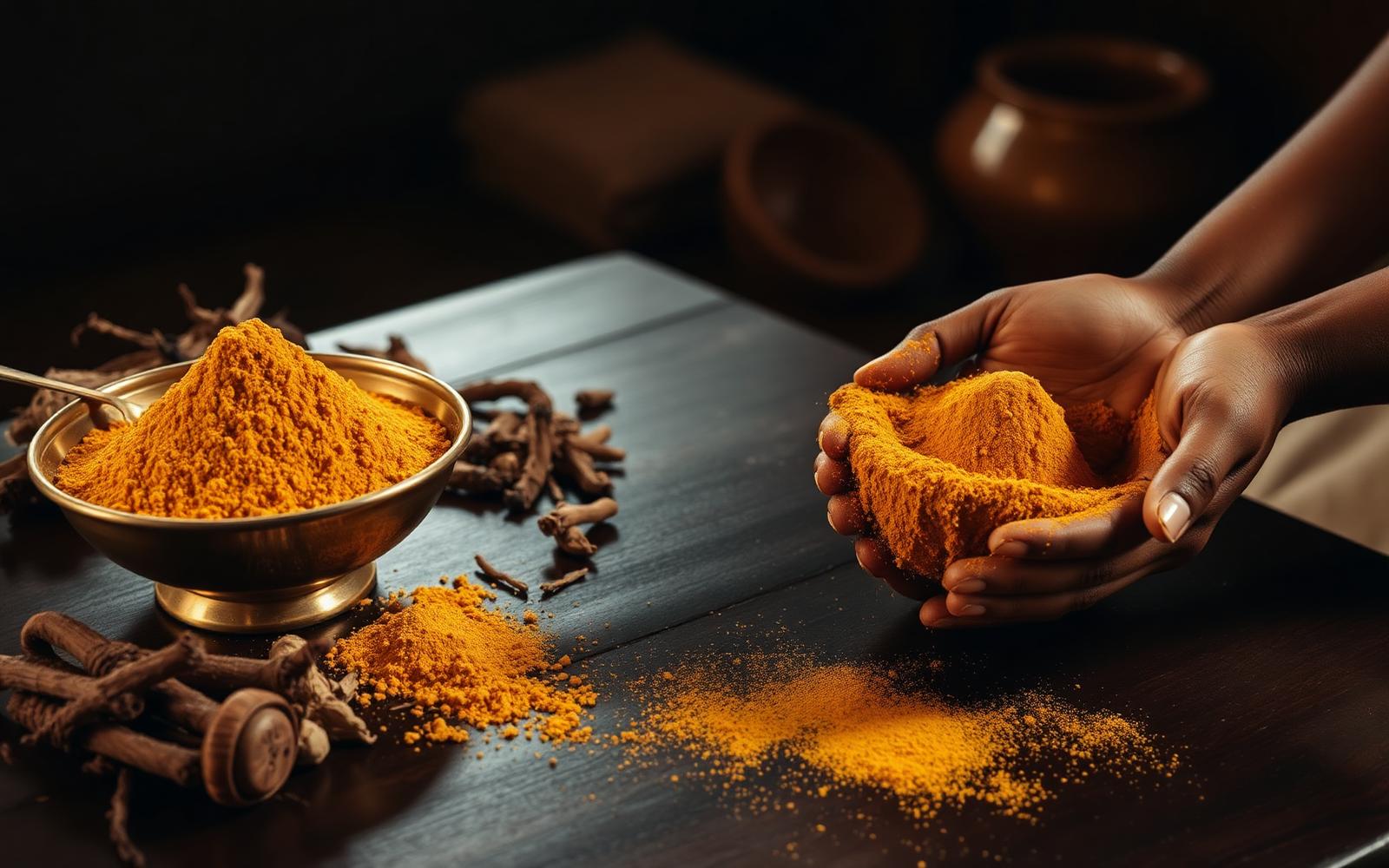 Udvartanam in Kerala — coarse golden herbal powder in a brass bowl with dried medicinal roots, prepared for a traditional Ayurvedic powder massage